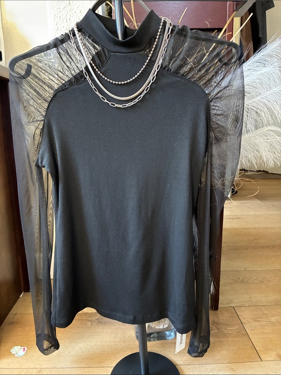 Commense Tops - Commense Black Mock Neck Top with Sheer Mesh Long Sleeves